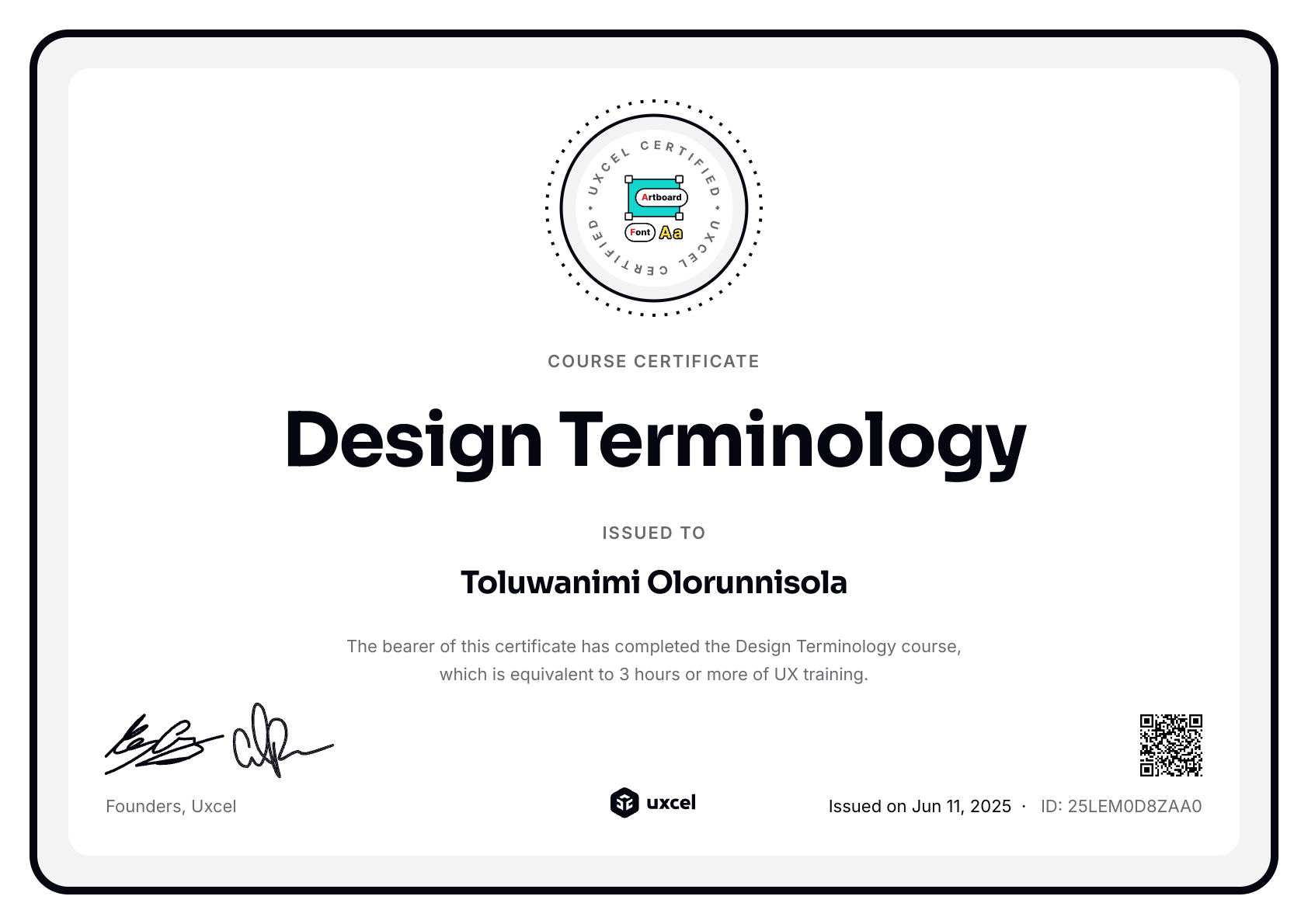 Toluwanimi Olorunnisola's certificate